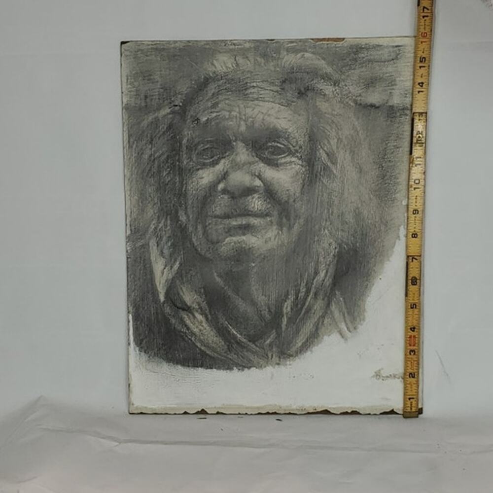 Double Sided Portrait Elderly Man Sketch/Woman Profile Oil Painting Signed 18x14
